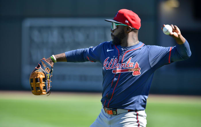 Atlanta Braves outfielder Michael Harris II (#23) warms up at the start of practice Tuesday, Feb. 20, 2024 at CoolToday Park in North Port, Florida.  